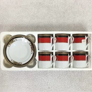 Vintage Imperial Table Red Black Small 6 Coffee Cup Saucer Porcelain Fine China